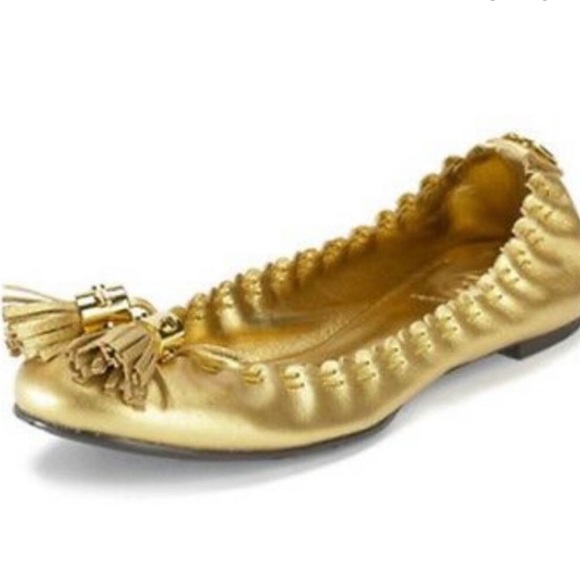 Tory Burch Reese Ballet Flats Metallic Leather Logo Tassel Slip On Gold - Picture 1 of 11